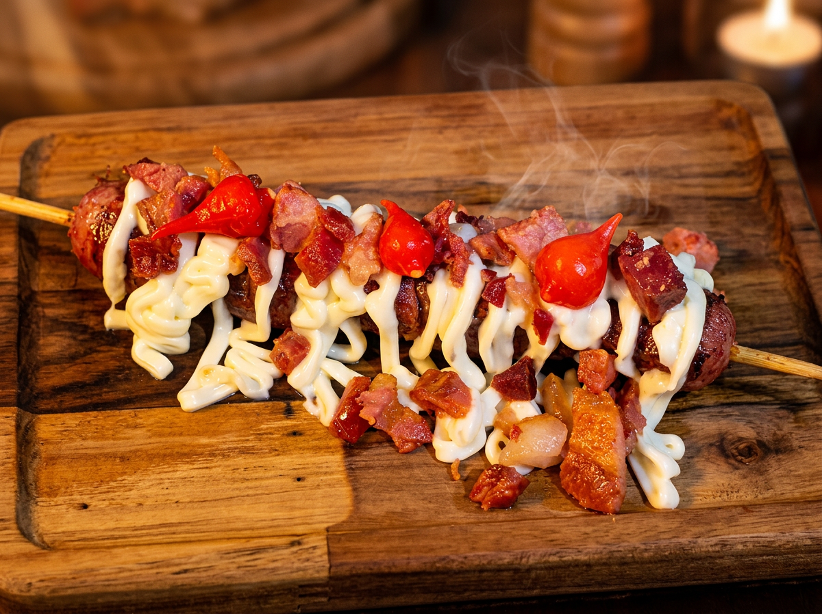 Espetinho com Catupiry ou Cheddar + Bacon